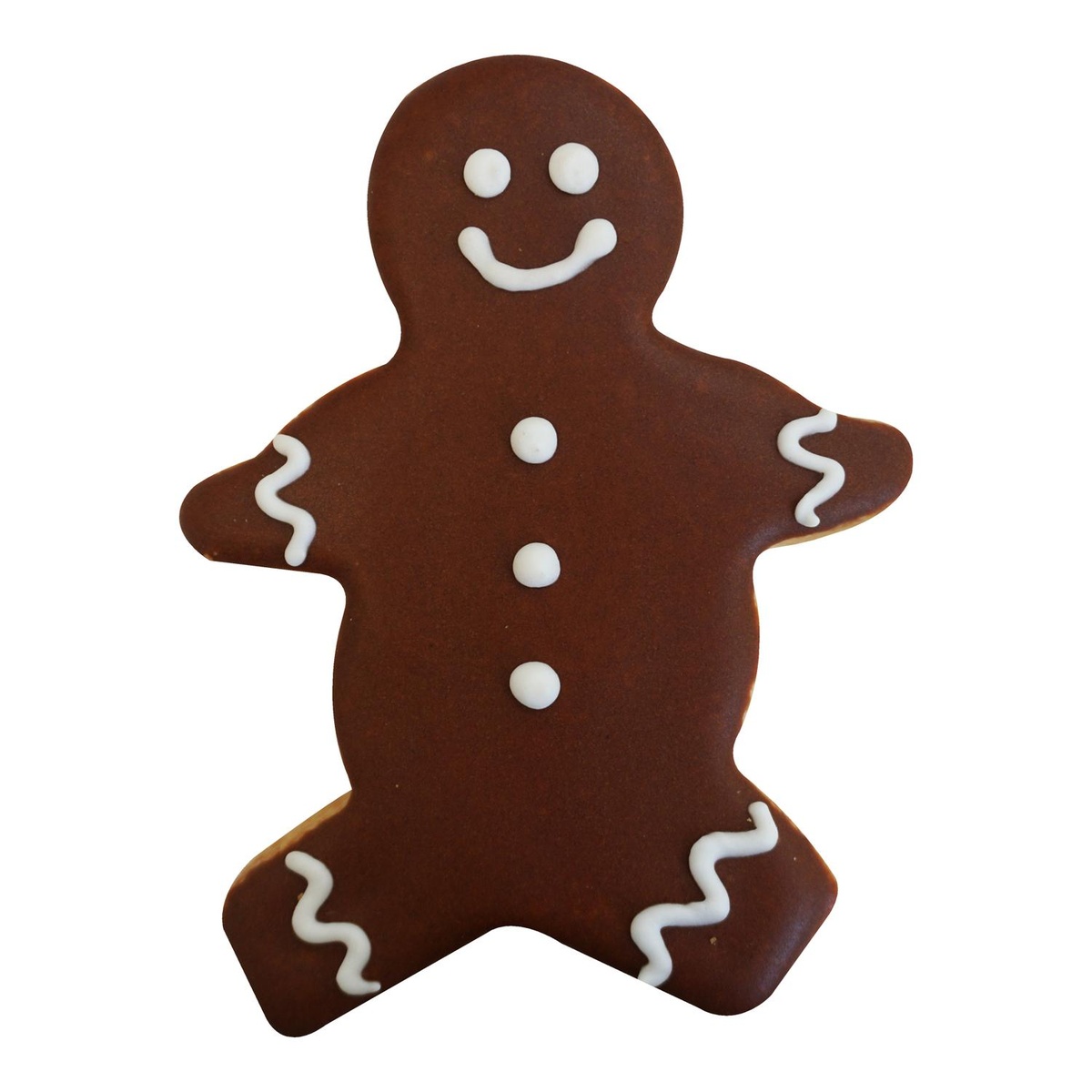 Decorated gingerbread man cookie with white icing showing the shape produced by the cutter