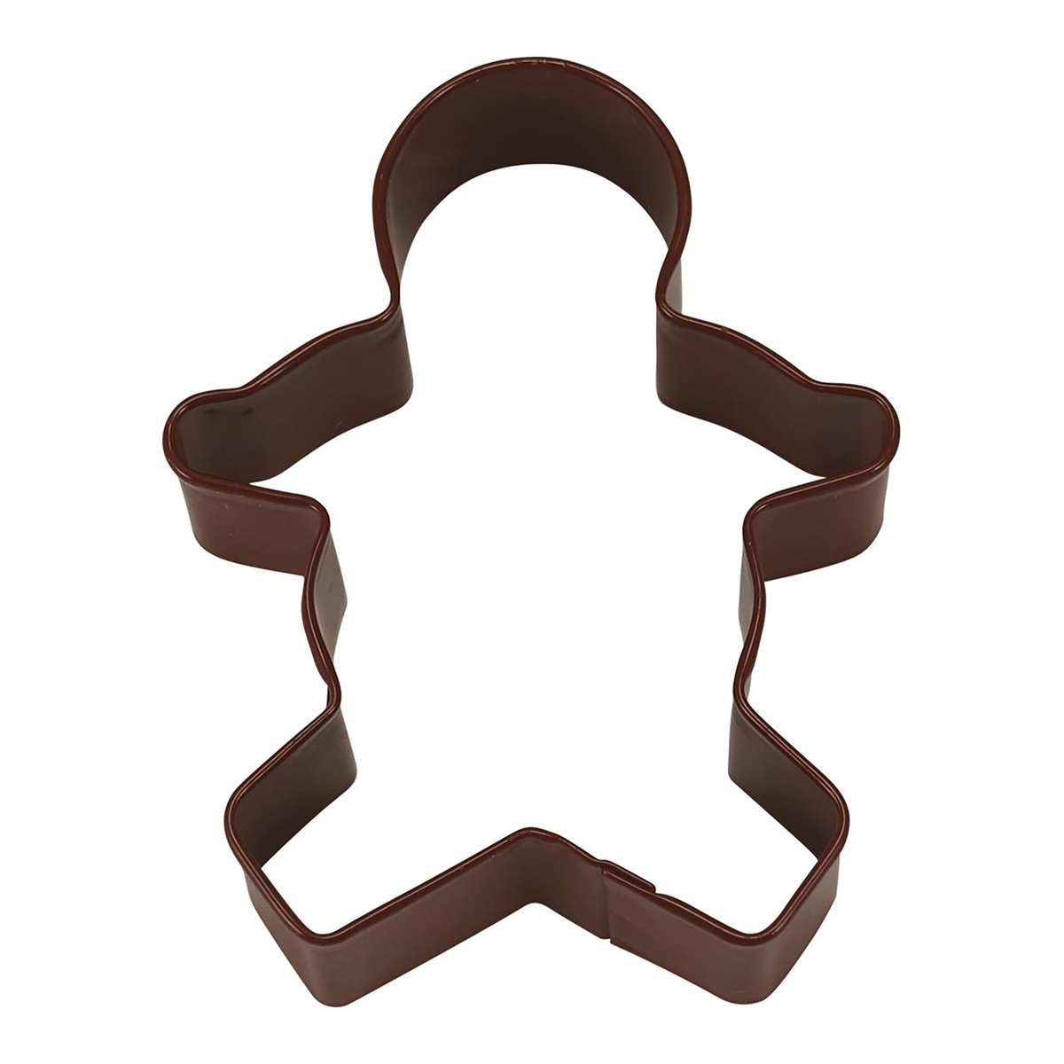Brown polyresin coated steel gingerbread man cookie cutter on white background