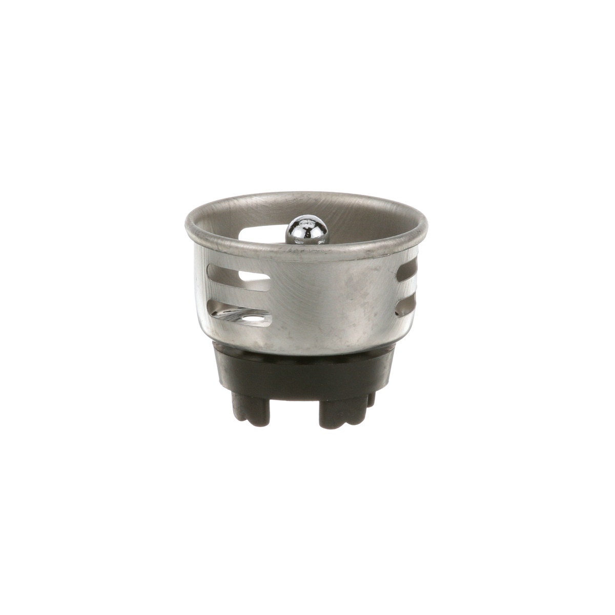 AllPoints 111345 drain strainer basket front view showing slotted stainless body and tabbed rubber base
