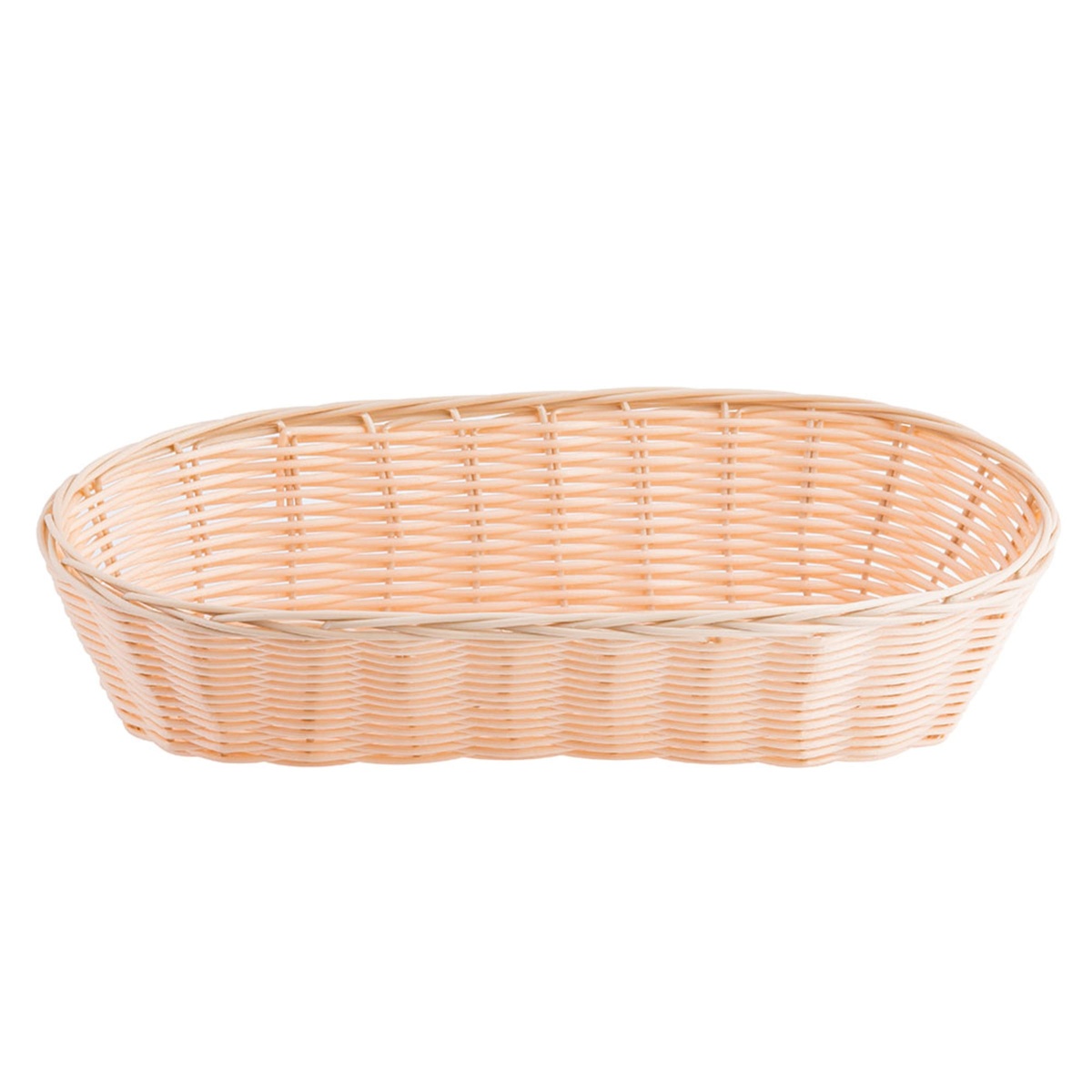 Tablecraft 1113W woven oblong basket viewed straight-on from the side showing low profile