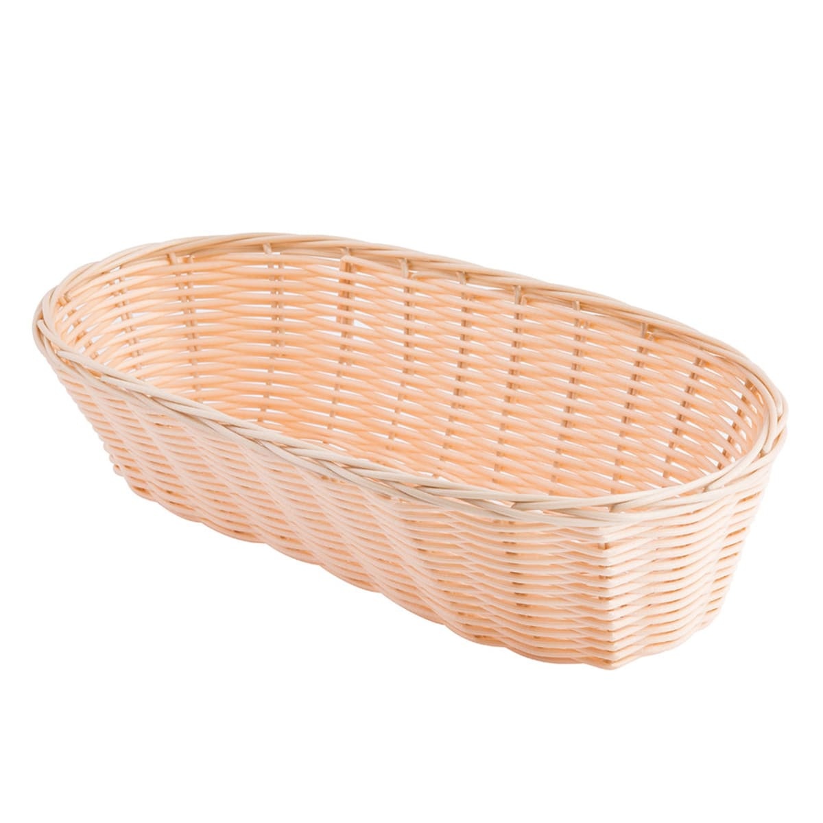Tablecraft 1113W natural handwoven oblong polypropylene basket, angled three-quarter view