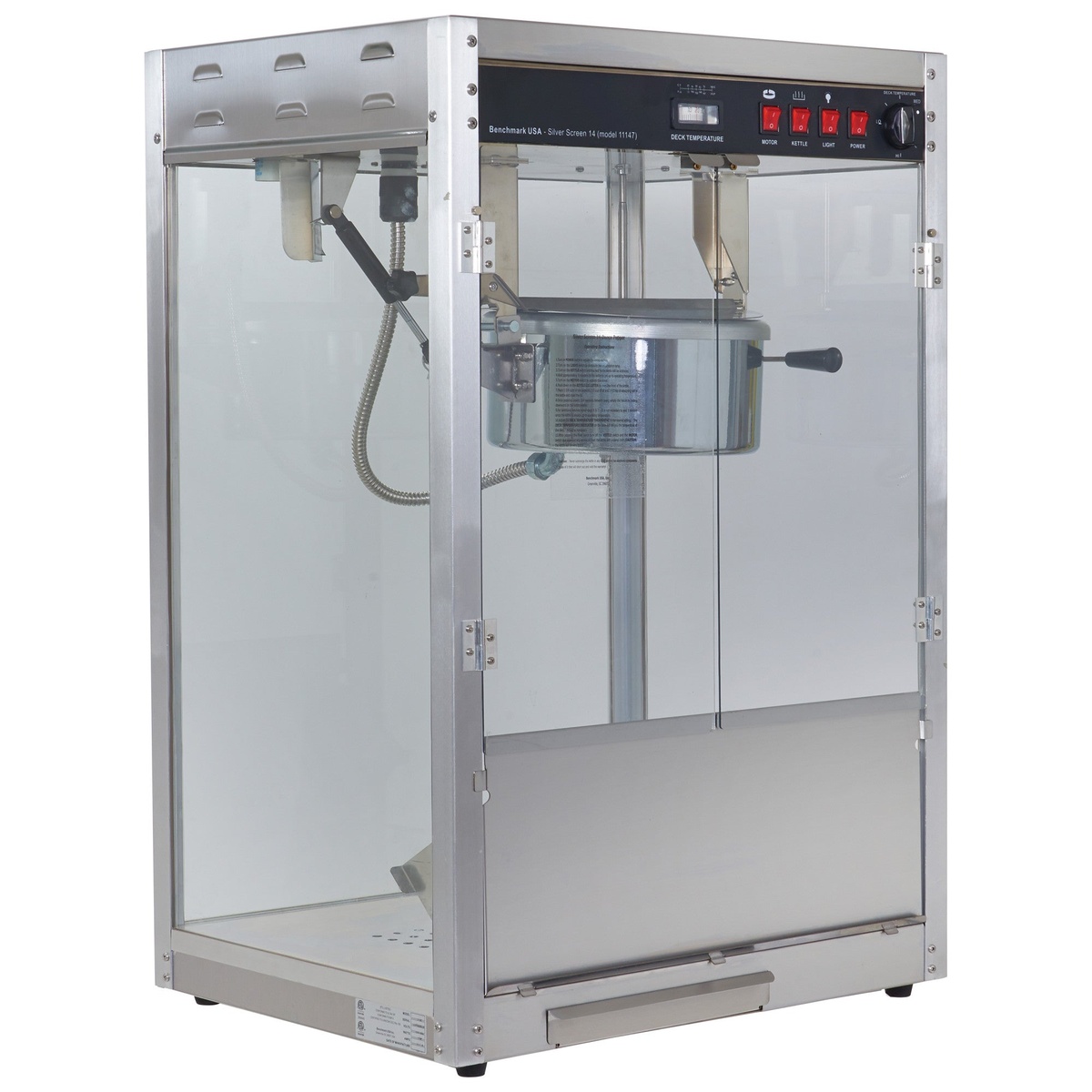 Front view of popcorn machine showing control panel and kettle inside