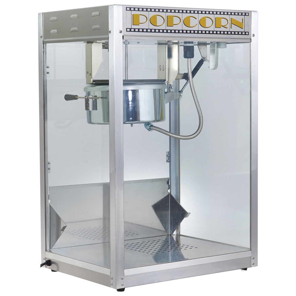 Popcorn machine cabinet with popcorn sign and interior kettle