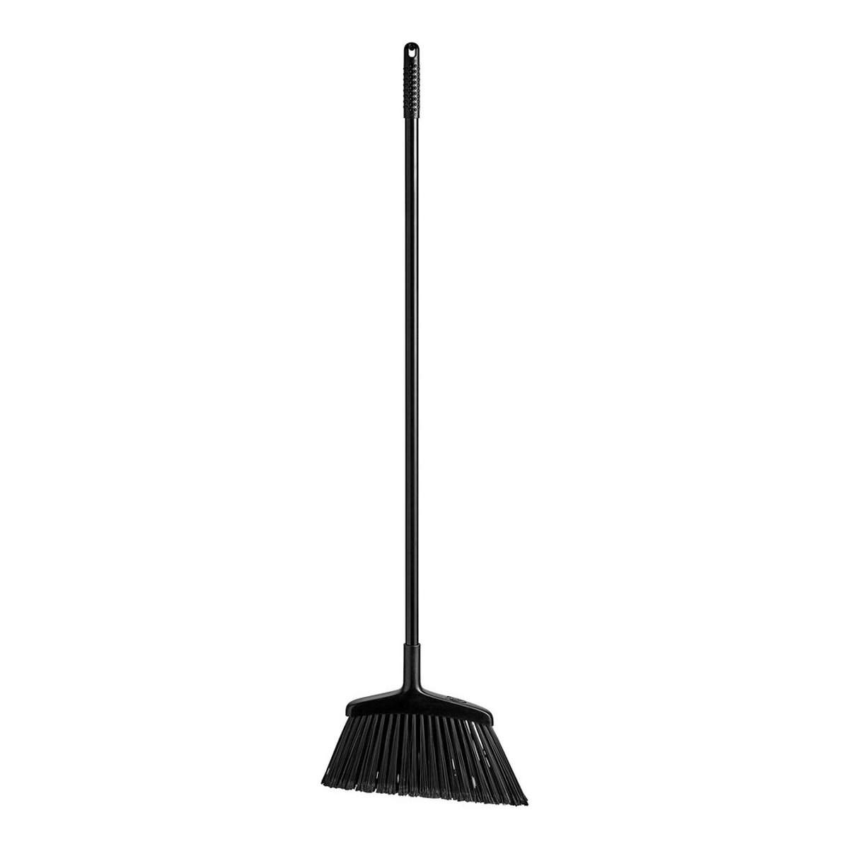 Libman 1115 black commercial angle broom with steel handle and angled bristle head on white background