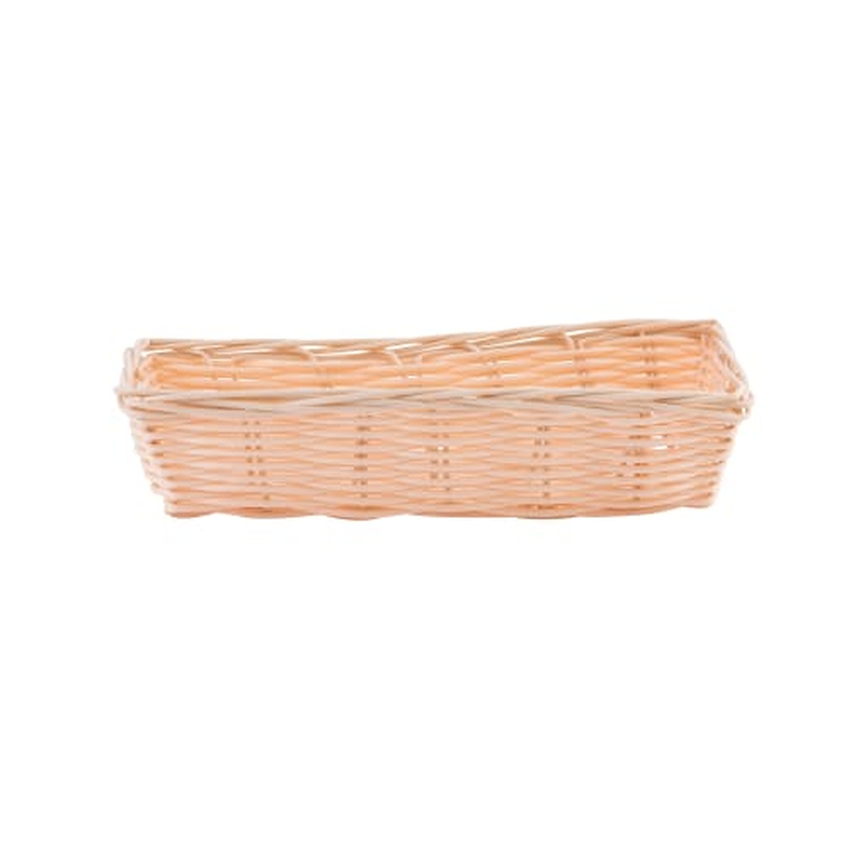TableCraft 1116W woven polypropylene basket, top-angled side view showing flat base and uniform weave pattern