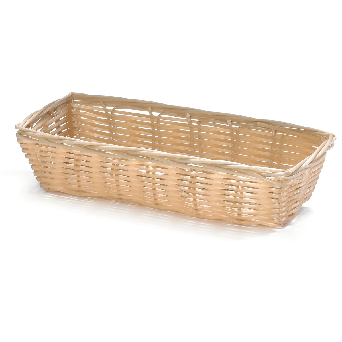 TableCraft 1116W natural rectangular hand-woven polypropylene basket, angled view showing open interior and woven texture