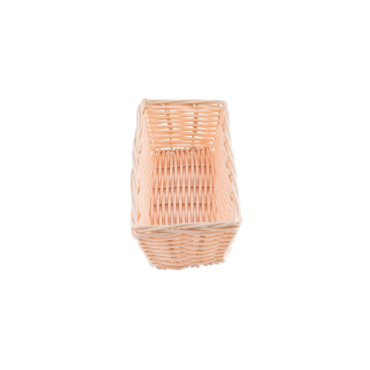 TableCraft 1116W woven polypropylene basket viewed from the end, showing depth and woven side construction detail