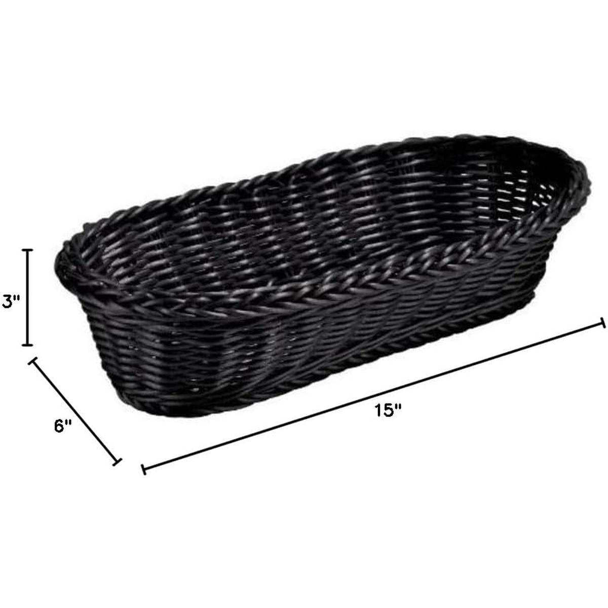 TableCraft 1118W black woven basket with dimension callouts showing 15 inches long, 6 inches wide, and 3 inches tall