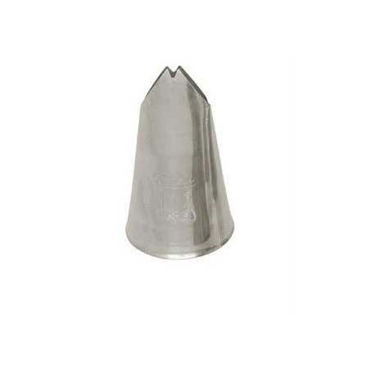 Close-up of Ateco 112 leaf piping tip showing the V-cut opening and Ateco embossed logo