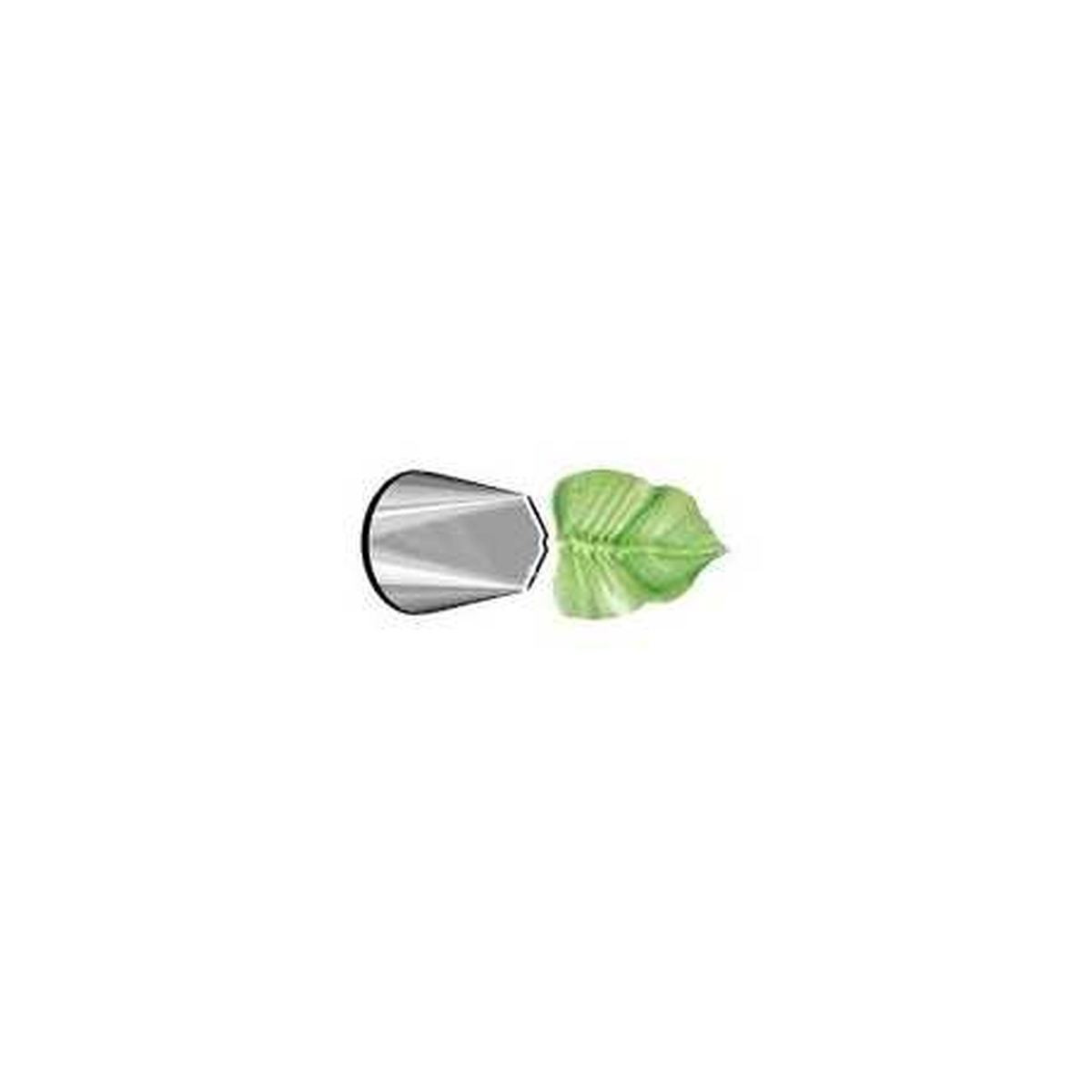 Ateco 112 stainless steel leaf piping tip shown alongside a green piped leaf example