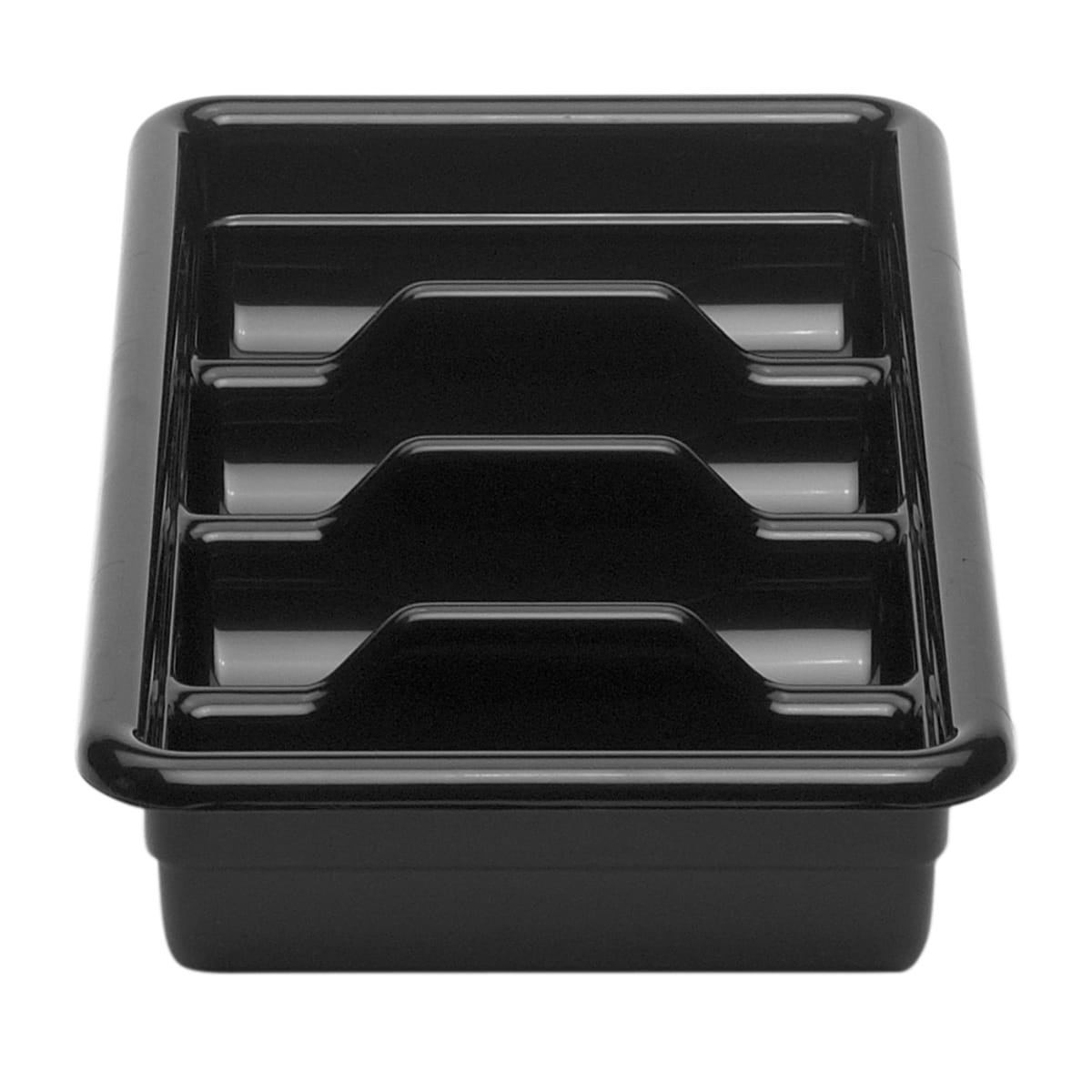 Cambro 1120CBR110 black 4-compartment Cambox cutlery bin, top-down view showing divided sections