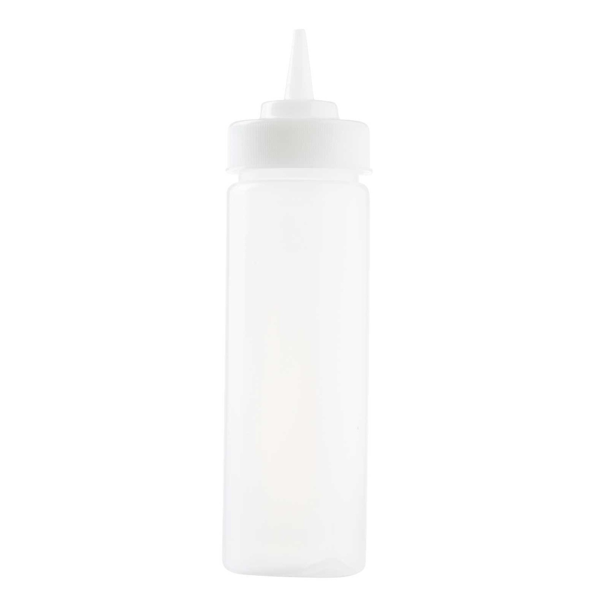 TableCraft 11253C 12 oz clear Widemouth squeeze bottle with standard white cone tip, front view