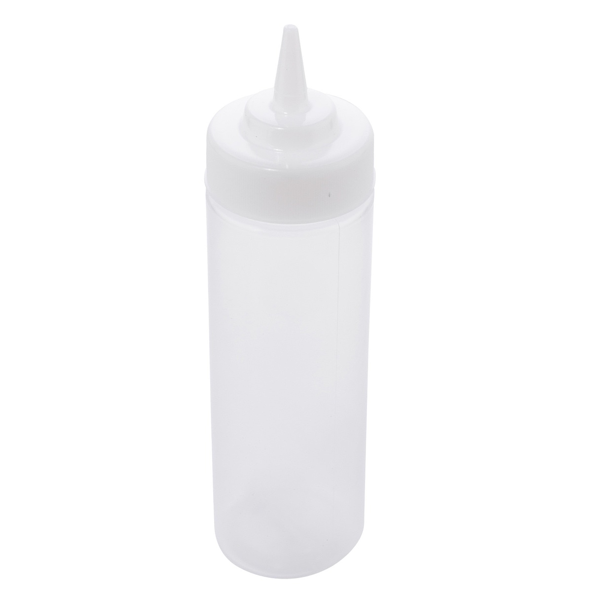 TableCraft 11253C 12 oz clear Widemouth squeeze bottle with standard white cone tip, angled view showing clear body and wide cap