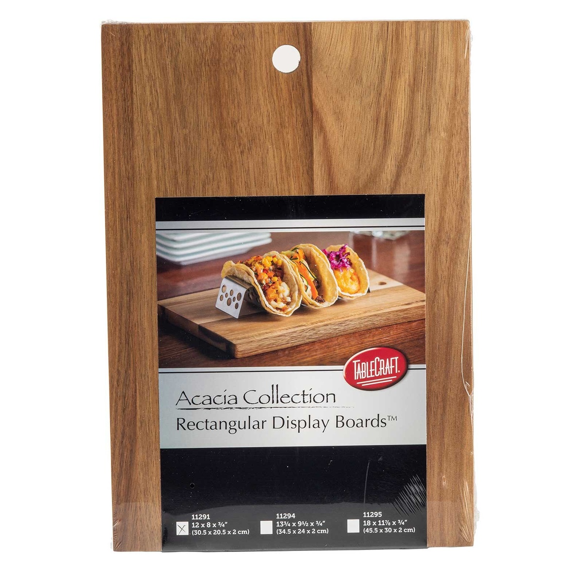 Tablecraft Acacia Collection Rectangular Display Board retail packaging showing model 11291 dimensions