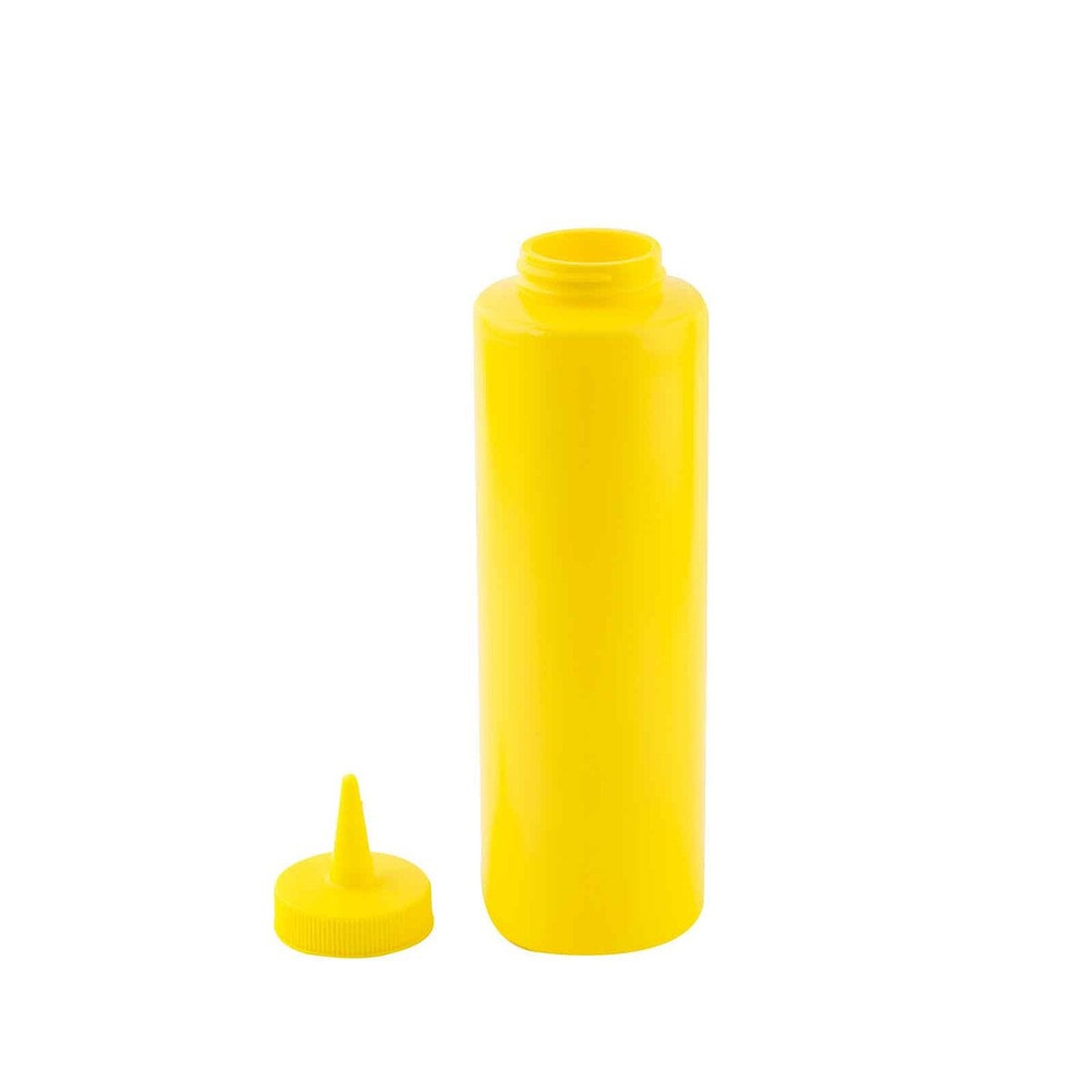 TableCraft 112M yellow squeeze bottle with cone tip cap removed, showing wide 38 mm opening for easy filling