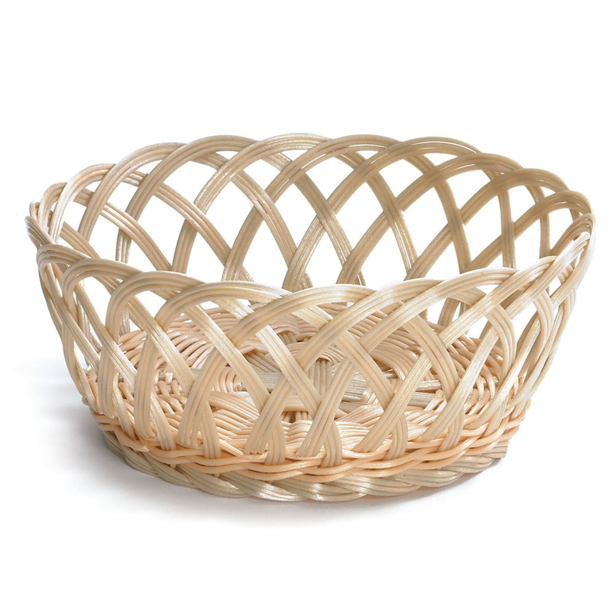 Tablecraft 1135W natural polypropylene round open-weave basket on white background