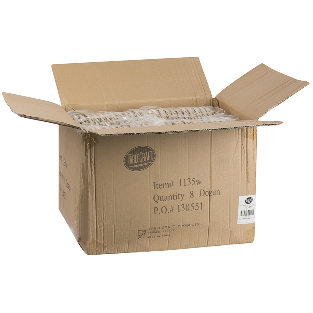 Open shipping carton showing multiple Tablecraft 1135W baskets packed inside, item label visible on box