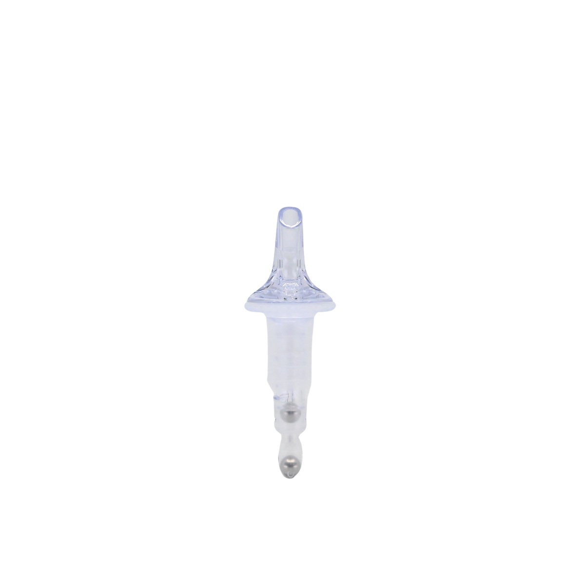 Precision Pours 114CL clear measured pourer showing the spout tip and ball bearing mechanism from the front