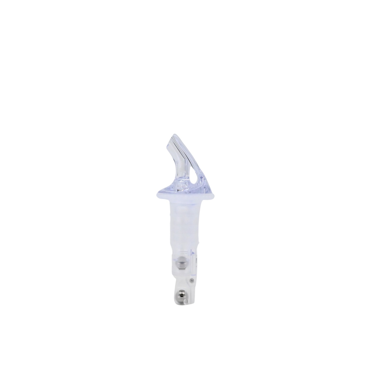 Precision Pours 114CL clear measured pourer angled side view showing the hinged spout and collar attachment