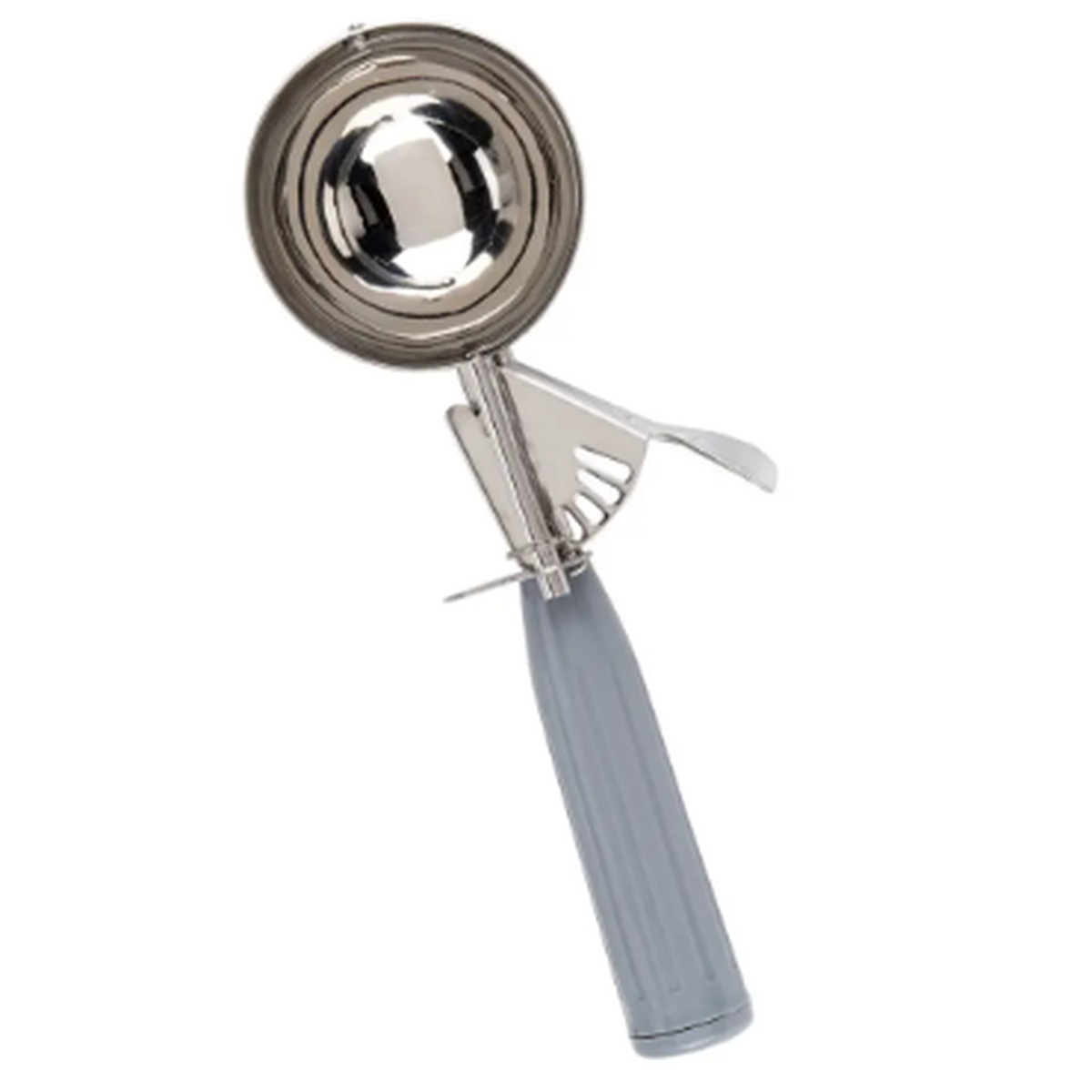 Clipper Mill #8 stainless steel disher with gray polypropylene handle and spring-release mechanism
