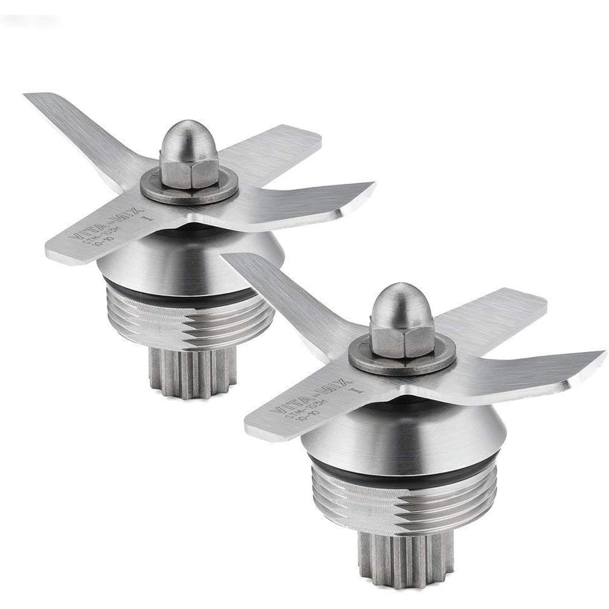 Two Vitamix 1151 stainless steel blade assemblies with four-pronged blades and threaded bases
