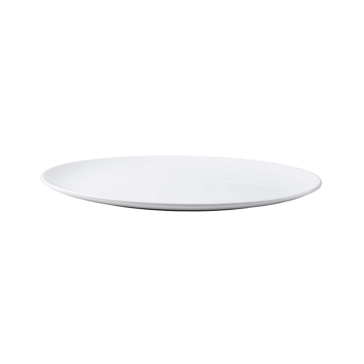 Tablecraft 11529 white oval melamine platter, side profile view showing low-profile height
