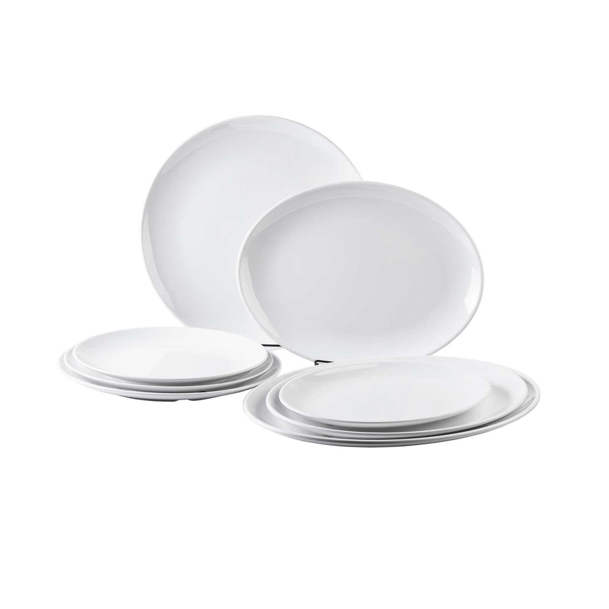 Multiple Tablecraft Sierra Collection white melamine oval platters of various sizes grouped together