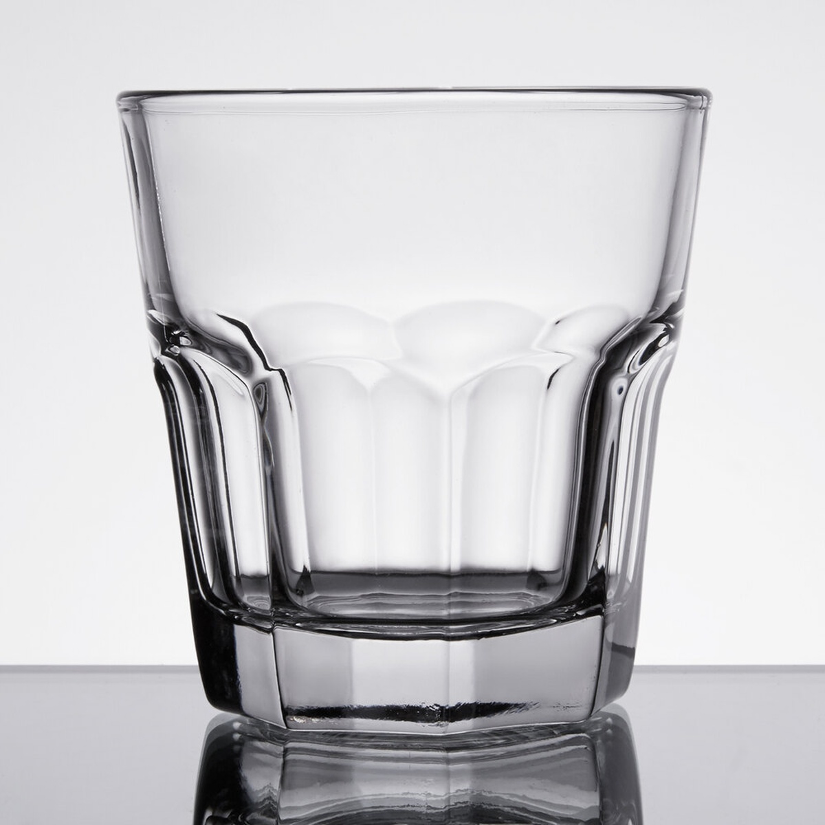 Anchor Hocking clear glass mug with paneled base, product-on-white studio shot