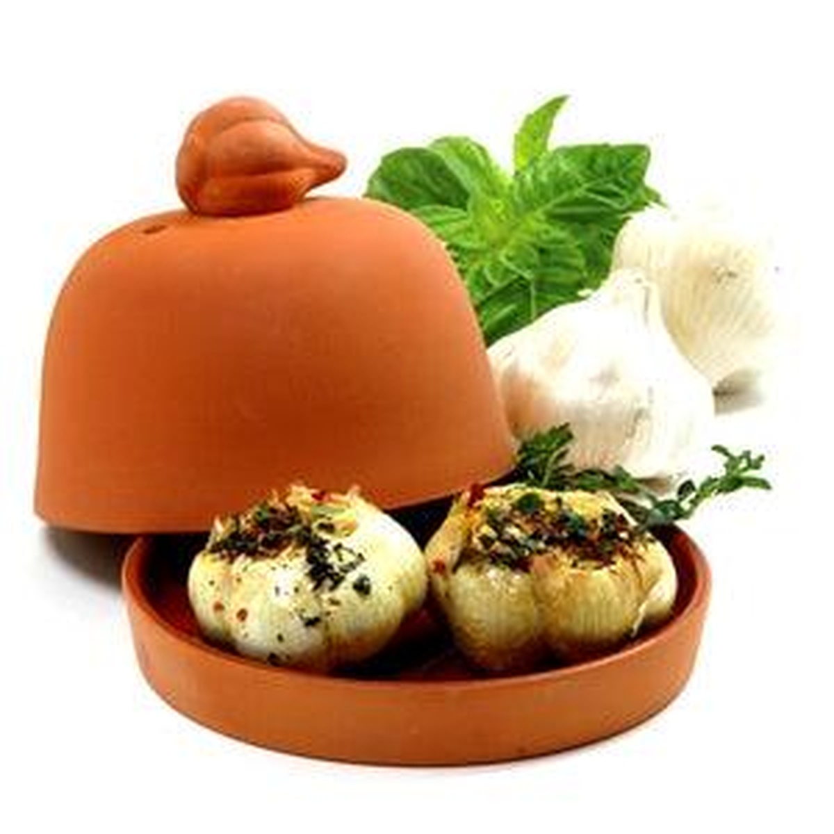 Norpro terra cotta garlic baker with lid removed showing roasted garlic heads inside the glazed base