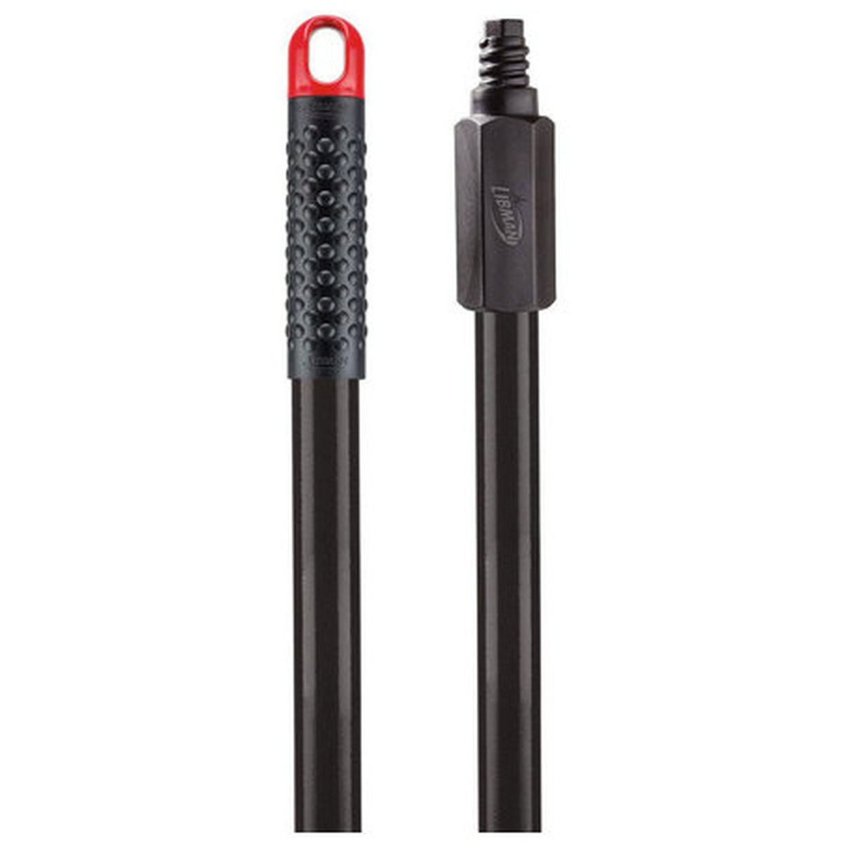Libman Commercial 1165 black steel broom handle showing red hanger hole grip end and threaded connector end