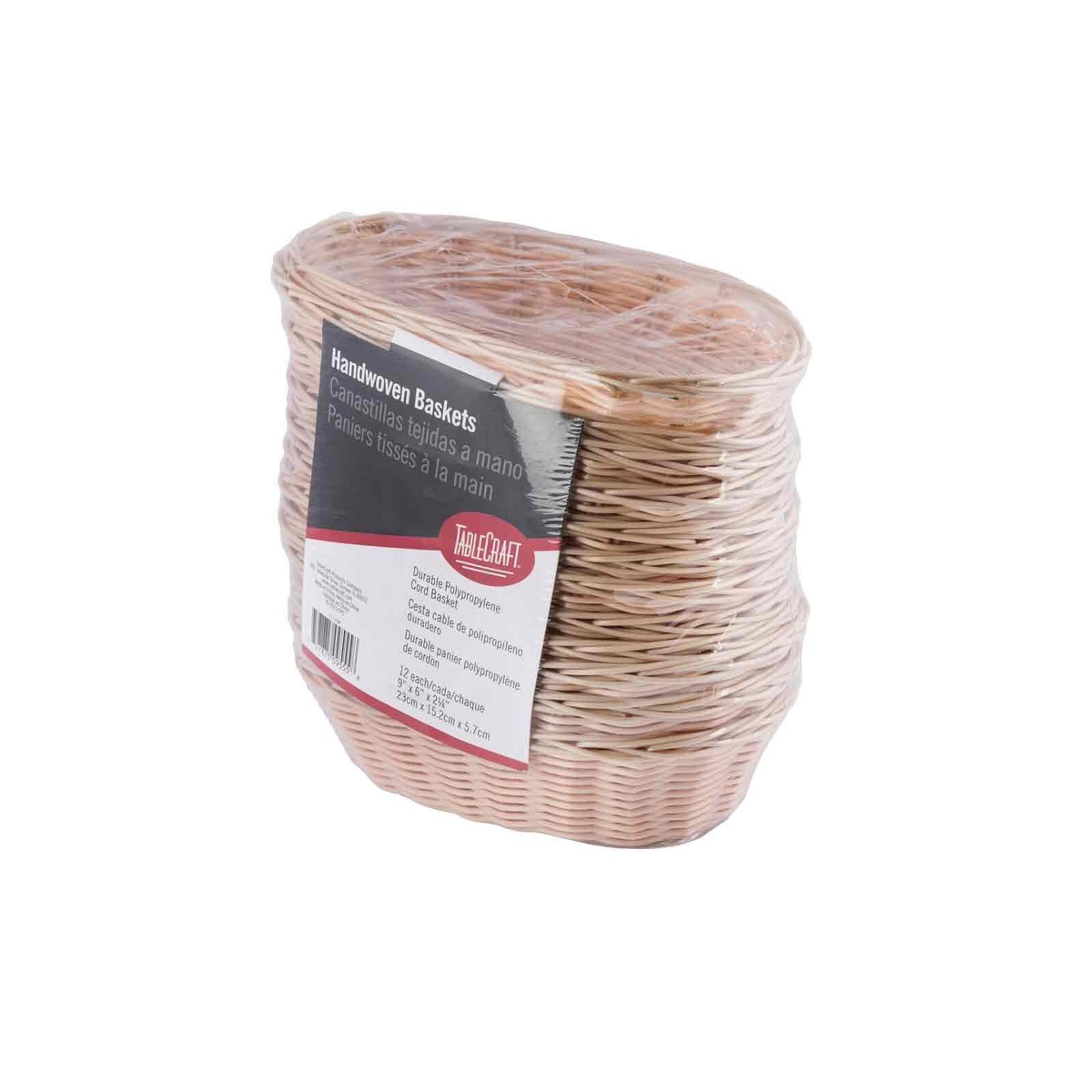 Stack of TableCraft 1174W oval handwoven polypropylene cord serving baskets showing the natural weave texture