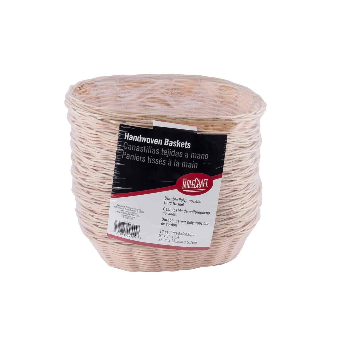 TableCraft 1174W 9-inch oval handwoven polypropylene cord serving basket with product label