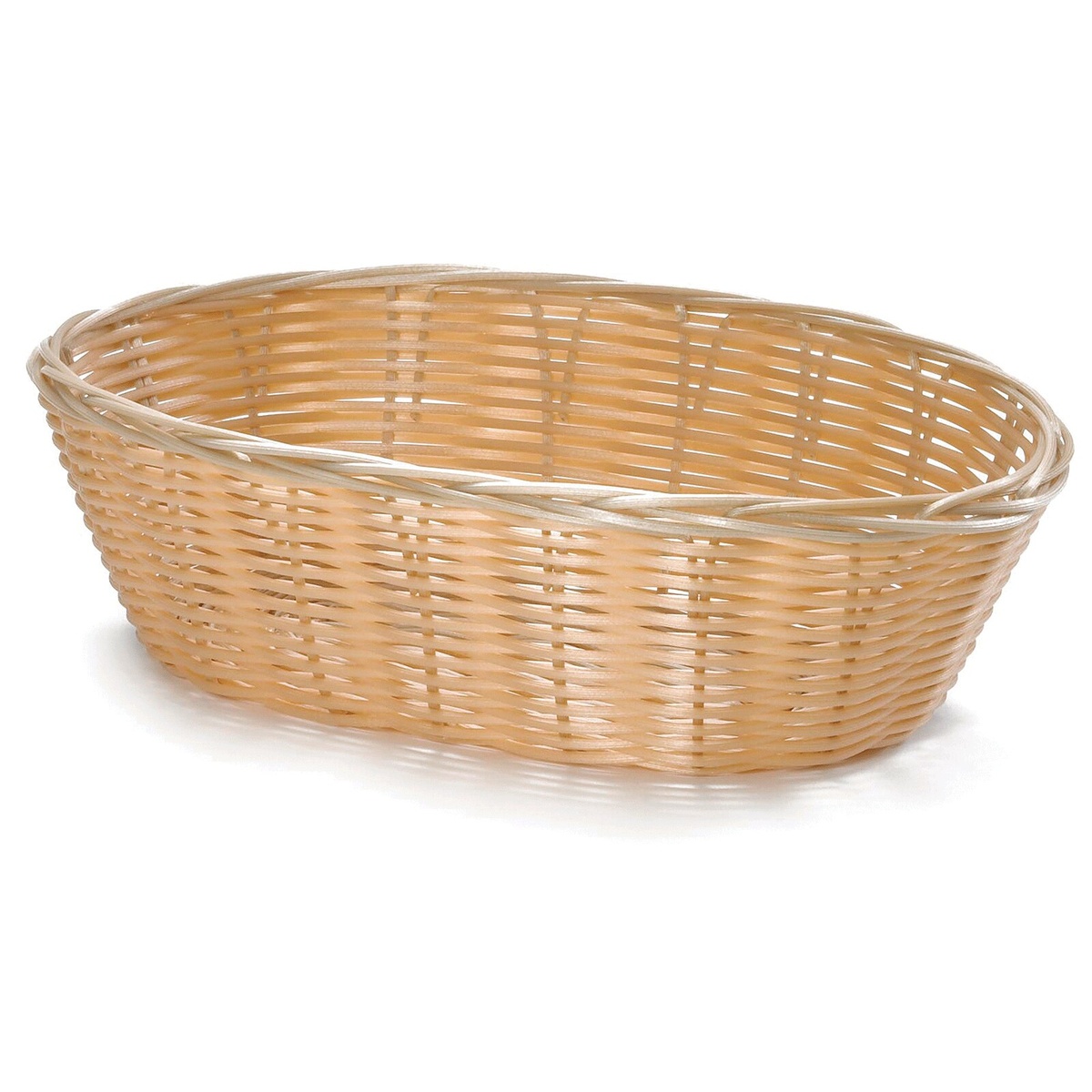 TableCraft 1176W 10-inch oval natural woven polypropylene serving basket, angled view