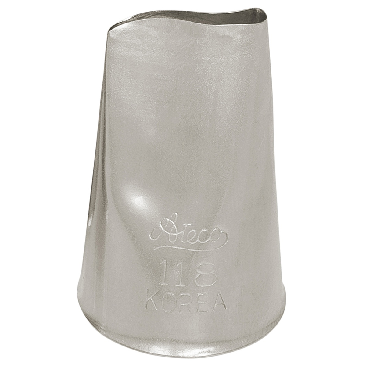 Ateco #118 stainless steel rose piping tip showing petal-cut opening and engraved brand markings