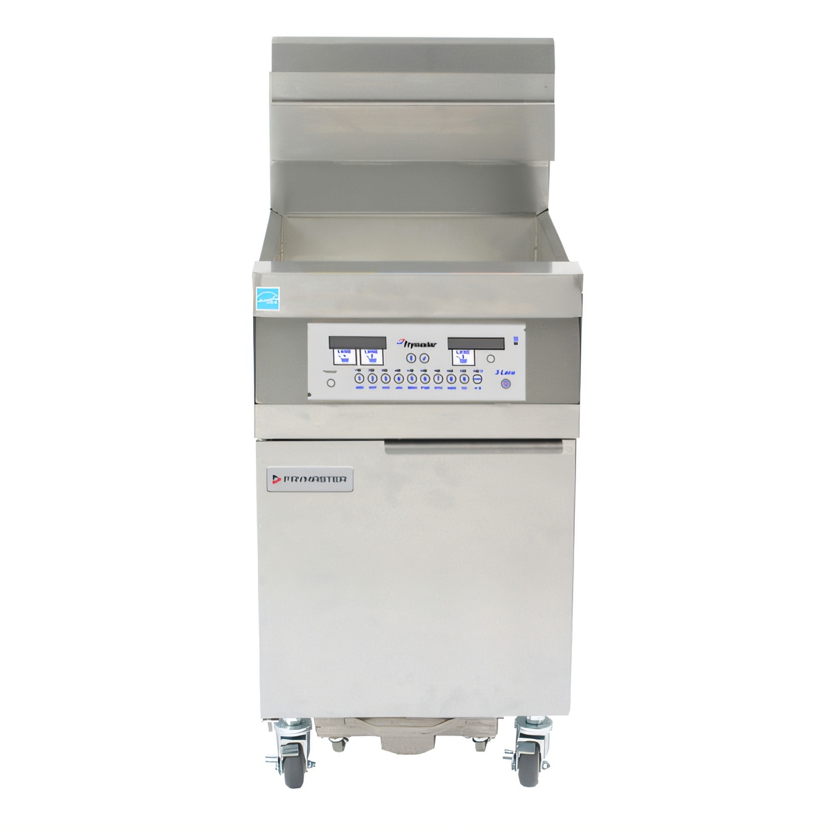 Frymaster 11814G stainless steel floor gas fryer with digital controls panel and casters, front view