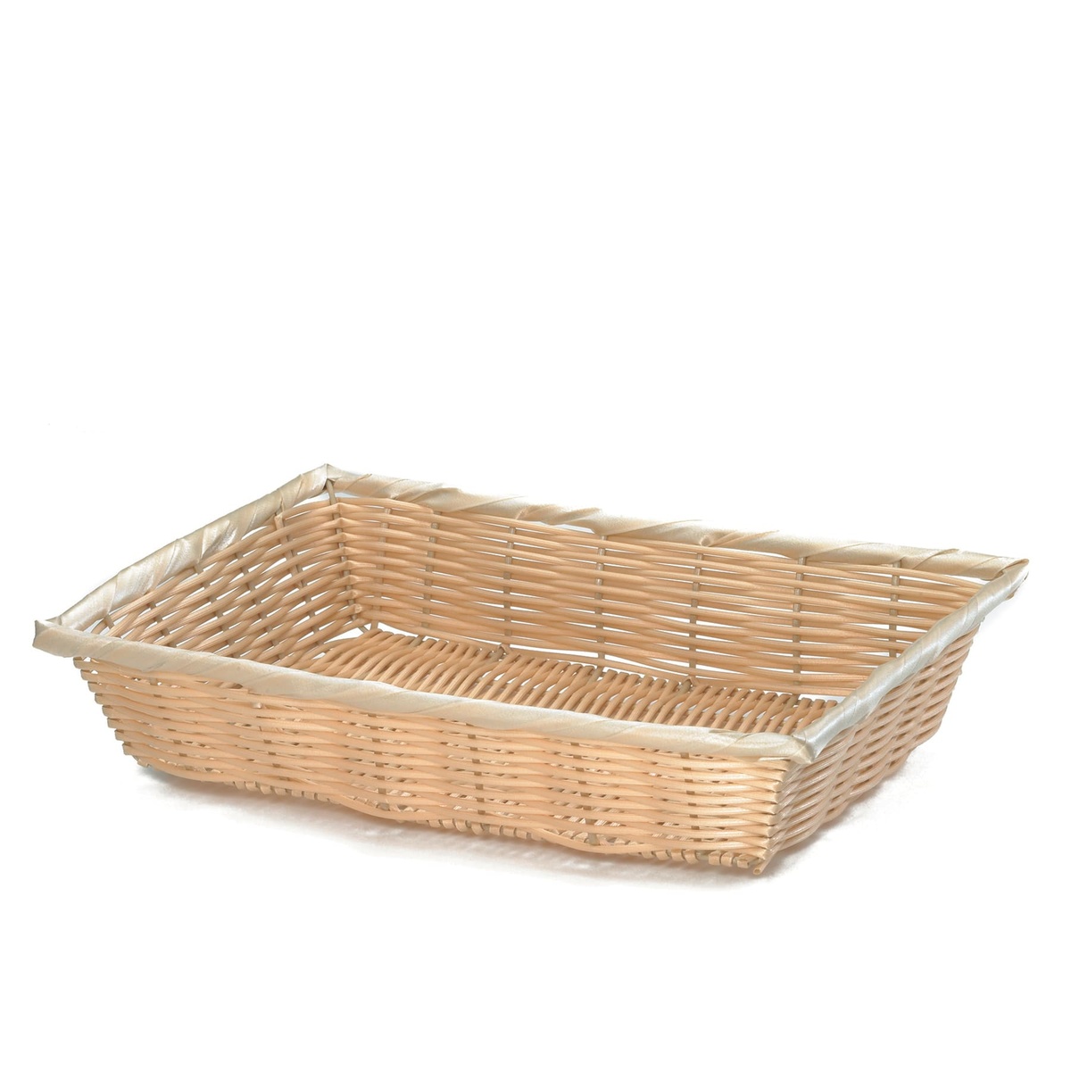 TableCraft 1187W rectangular hand-woven polypropylene basket, angled overhead view showing woven texture and rim detail