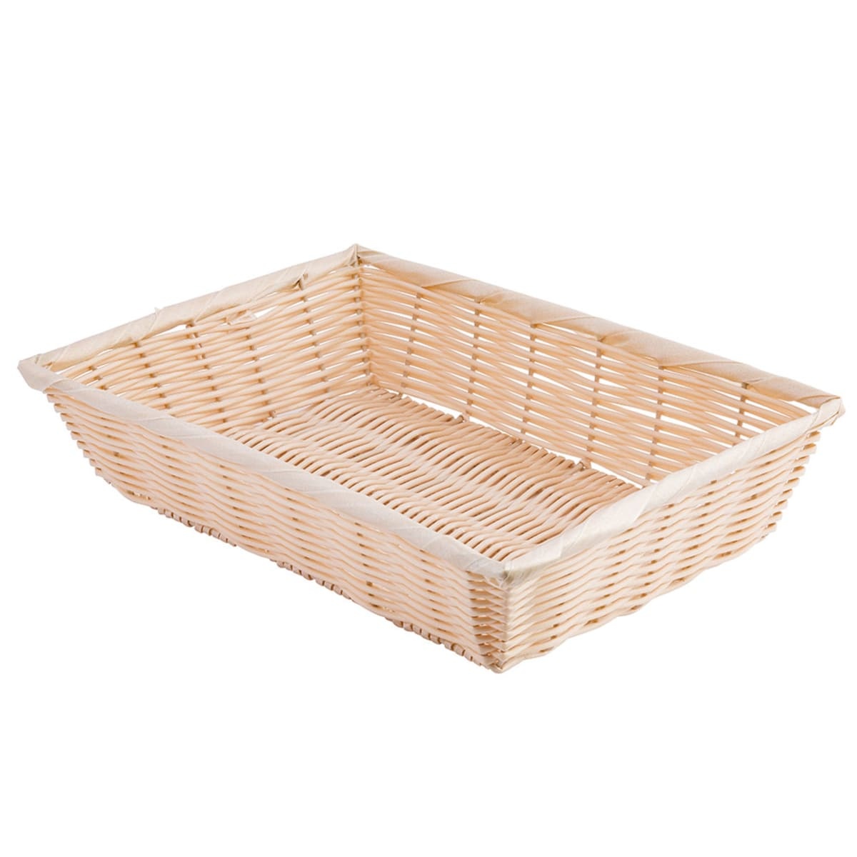 Tablecraft 1188W natural-colored woven polypropylene rectangular basket, angled overhead view