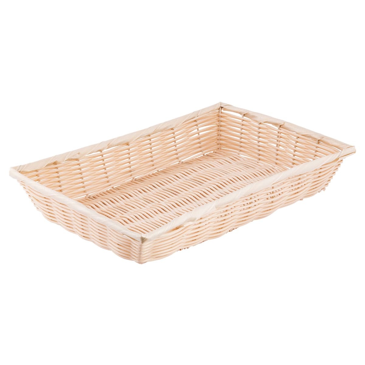 Tablecraft 1189W natural polypropylene hand-woven rectangular basket, angled top view