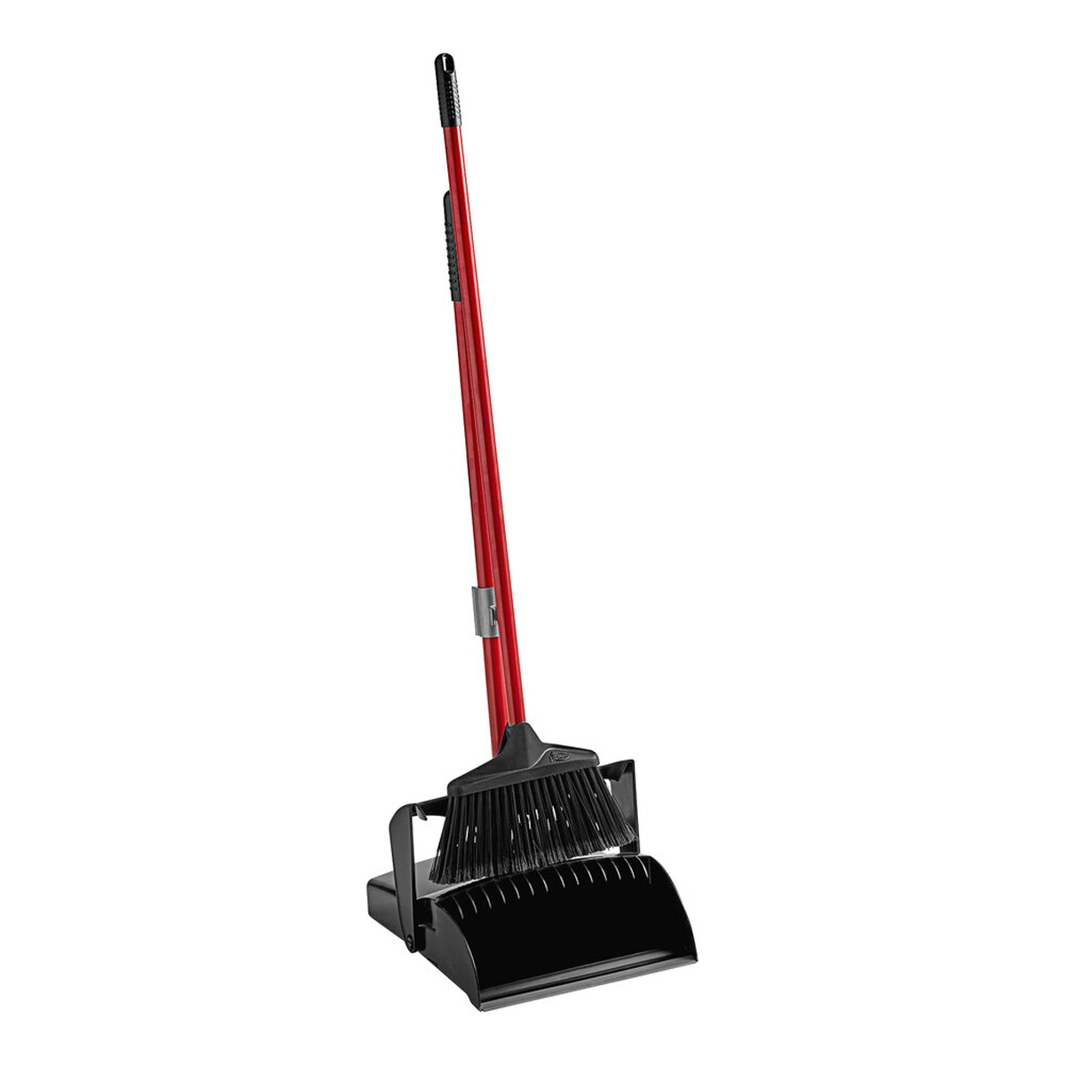 Libman 1194 deluxe lobby broom with red steel handle clipped to black open-lid dustpan