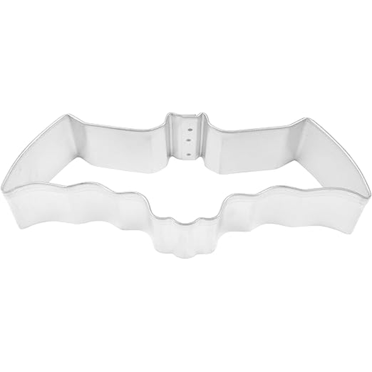 Silver tinned steel bat-shaped cookie cutter, top-down view showing deep sides and defined bat wing silhouette