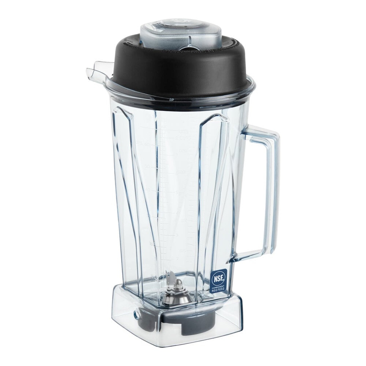 Clear Vitamix 64 oz blender jar with black lid and wet blade assembly