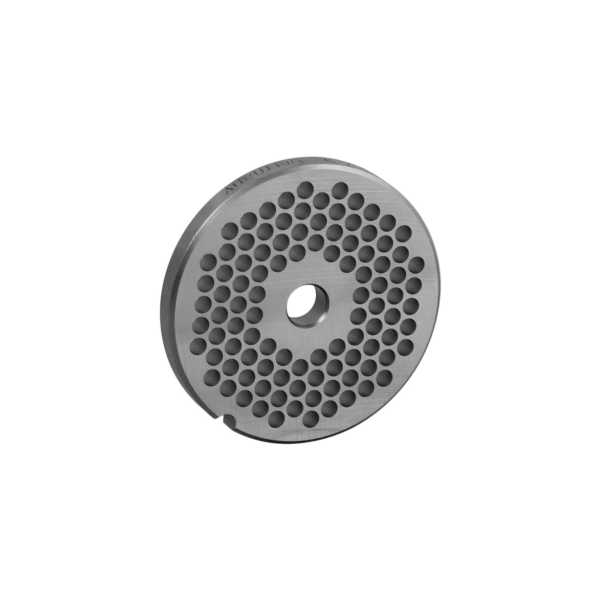 Alfa International size 12 hubless chopper grinder plate front view showing dense 4.5mm hole pattern