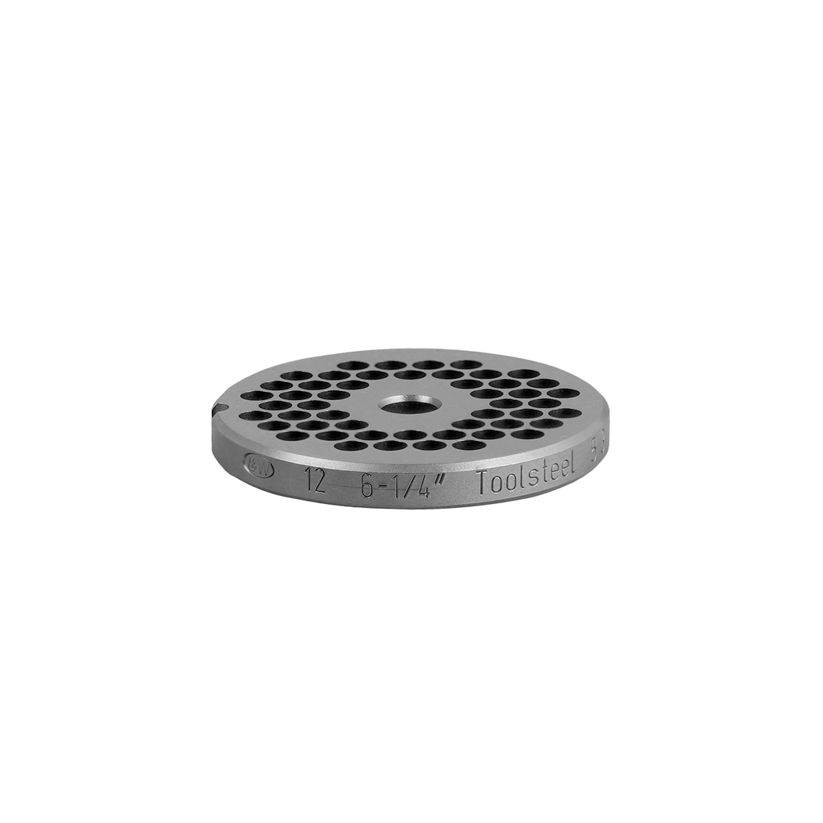 Side profile of Alfa International 12 3/4 HBLS chopper plate with L&W Toolsteel and size 12 6-1/4 inch stamping on edge
