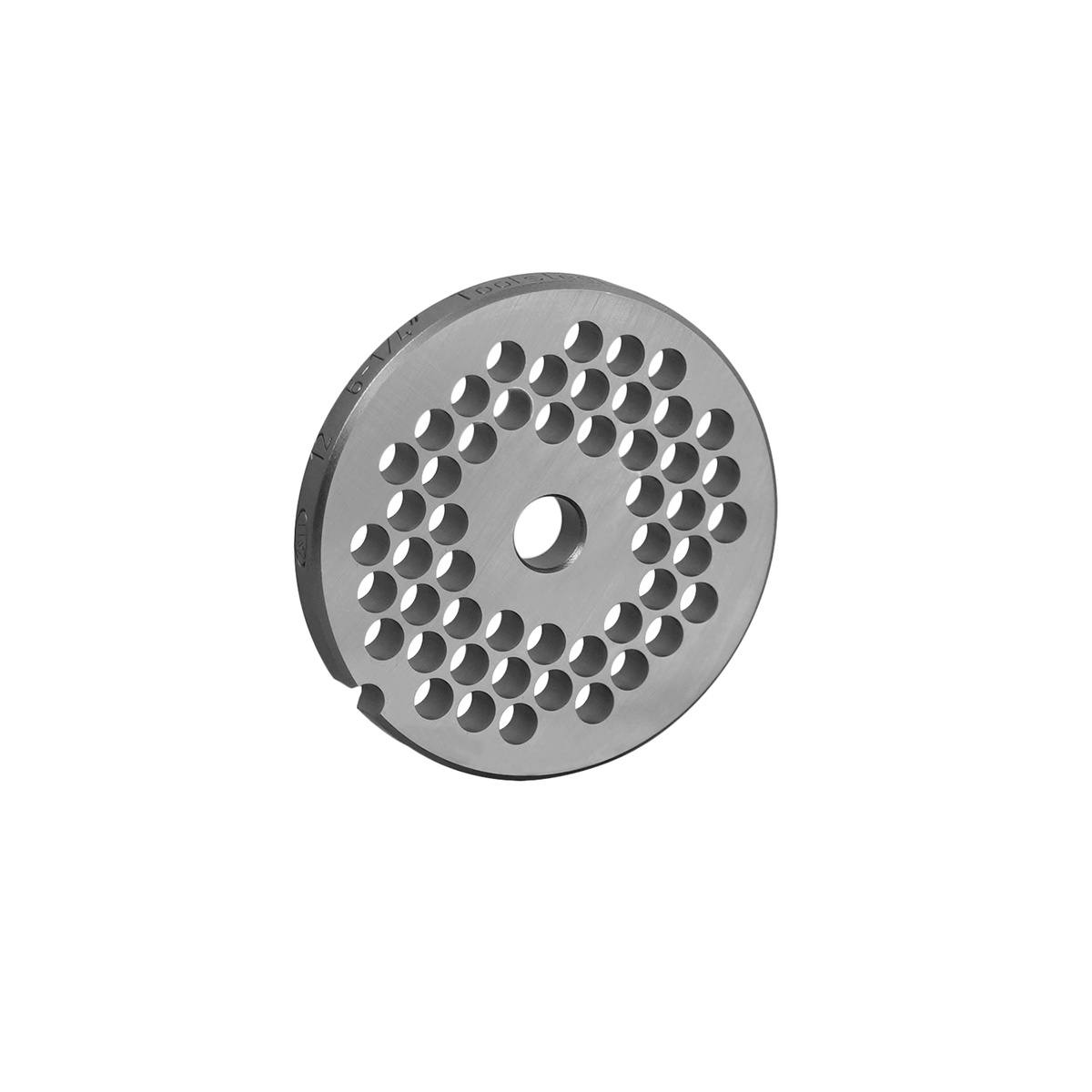 Alfa International 12 3/4 HBLS L&W hubless chopper plate front view showing uniform hole pattern