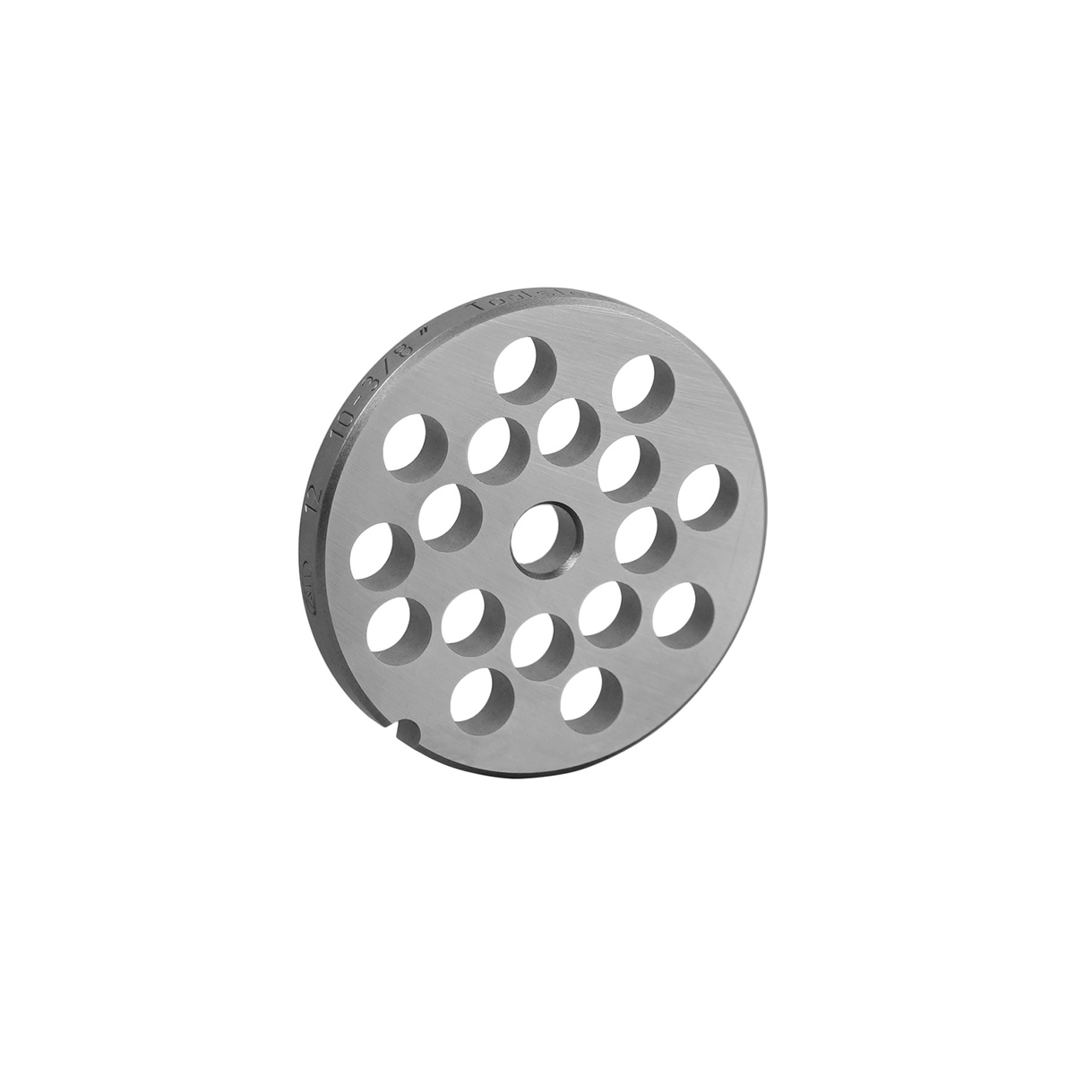 Alfa International 12 3/8 HBLS hubless meat grinder plate front view showing circular hole pattern