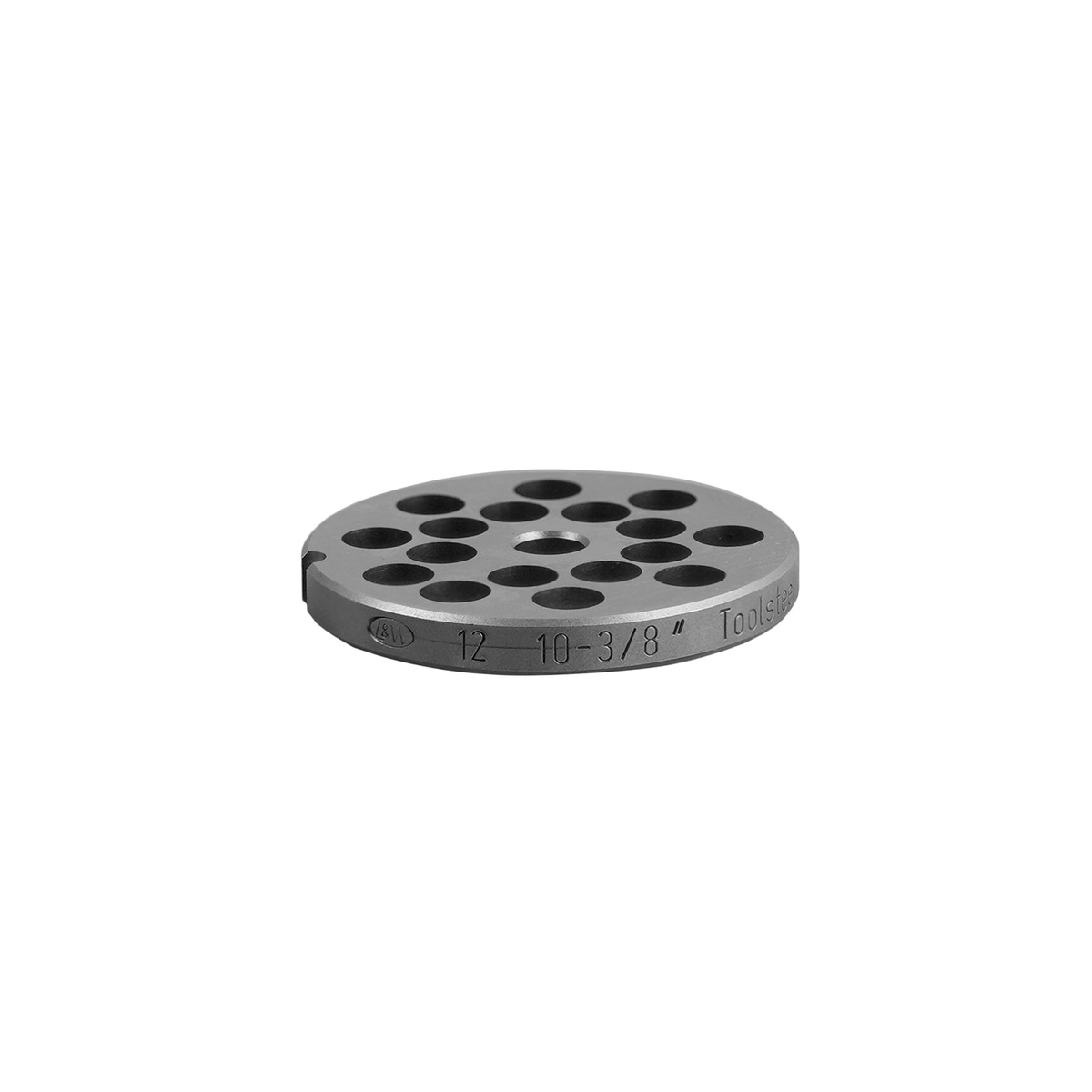 Alfa International 12 3/8 HBLS grinder plate side profile view showing engraved size markings and Toolsteel designation