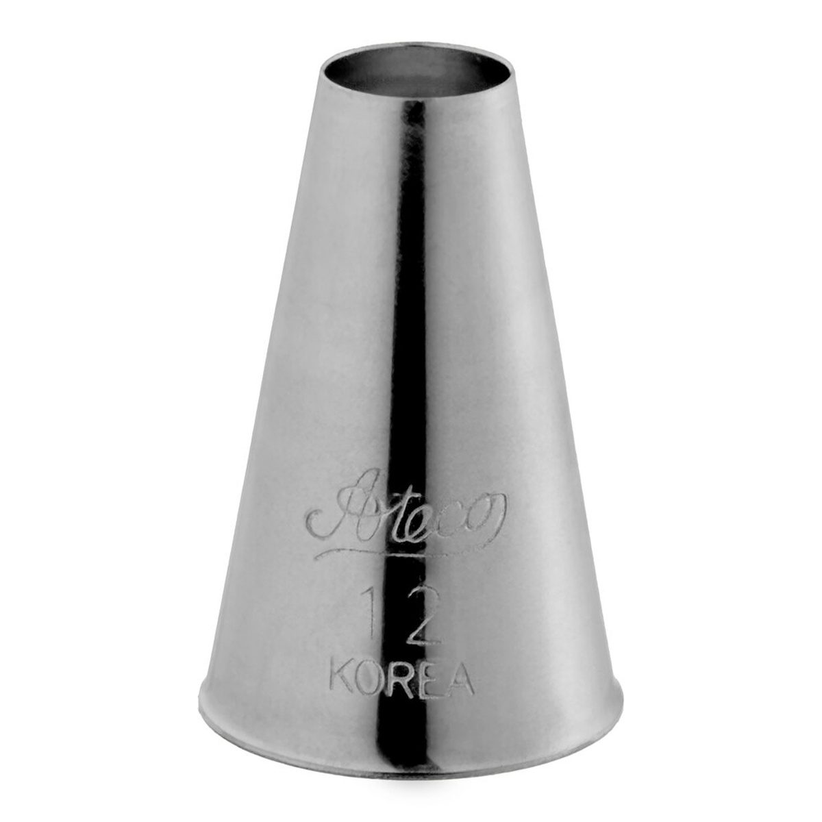 Ateco #12 plain round piping tip in stainless steel, showing engraved Ateco logo and size marking