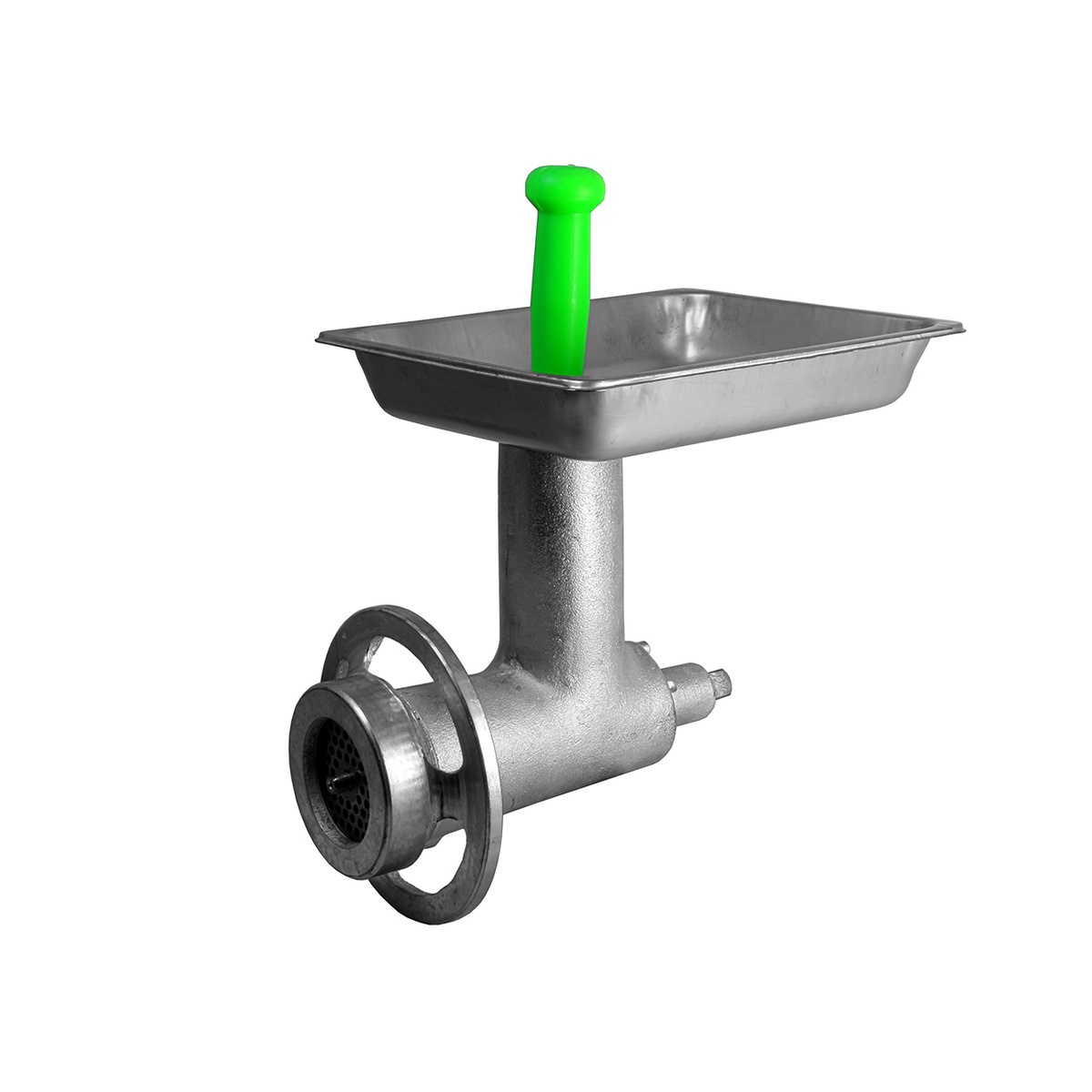 ALFA International 12 H CCA complete #12 meat grinder attachment showing pan, grinding cylinder, ring assembly, and green pusher handle
