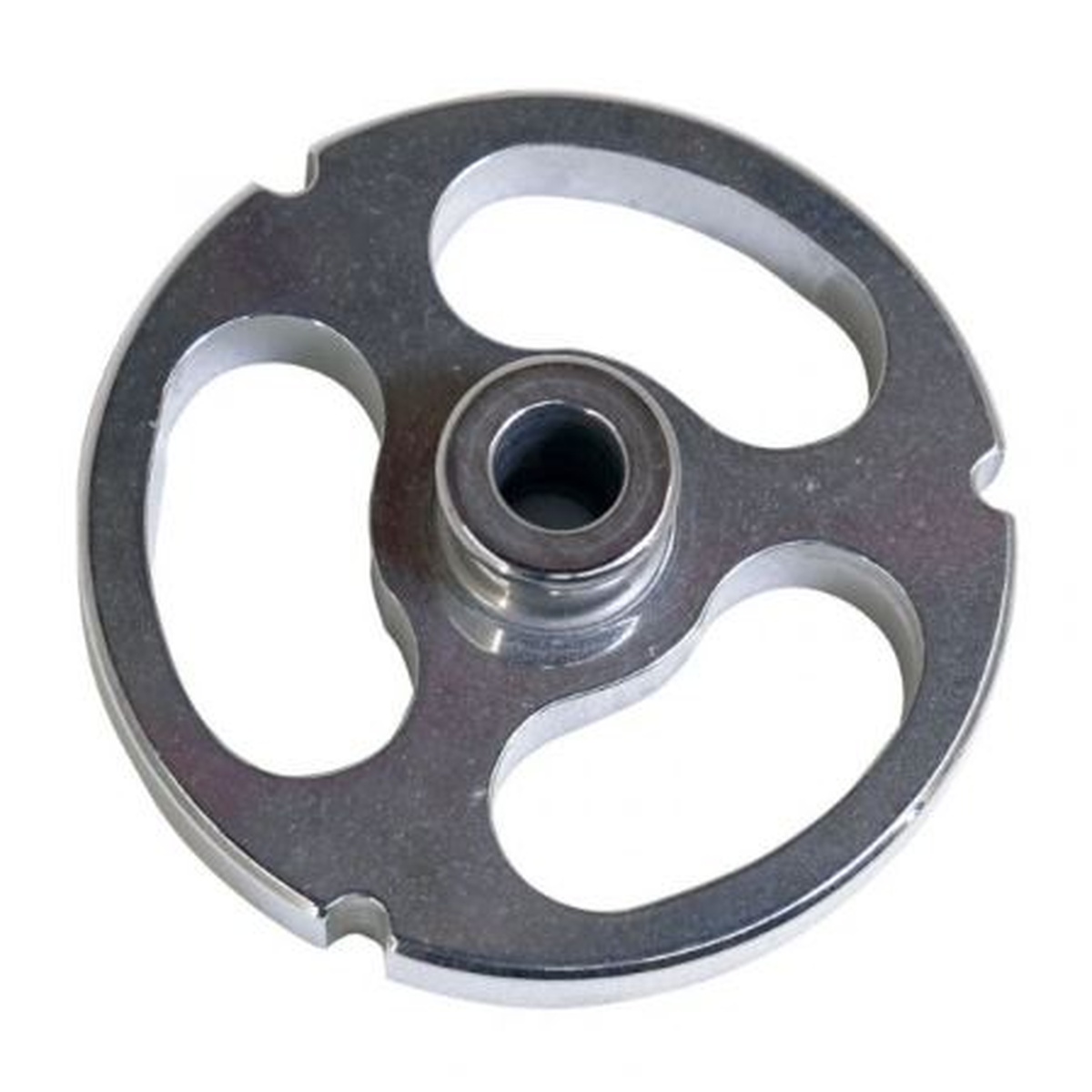 Alfa International #12 kidney meat grinder plate with 3 kidney-shaped holes and central hub