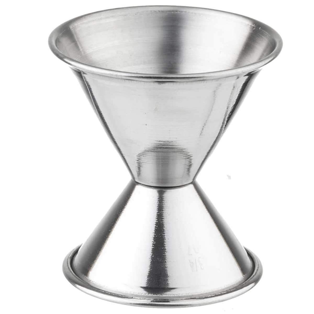 Tablecraft 1203 stainless steel double jigger angled view showing polished hourglass form